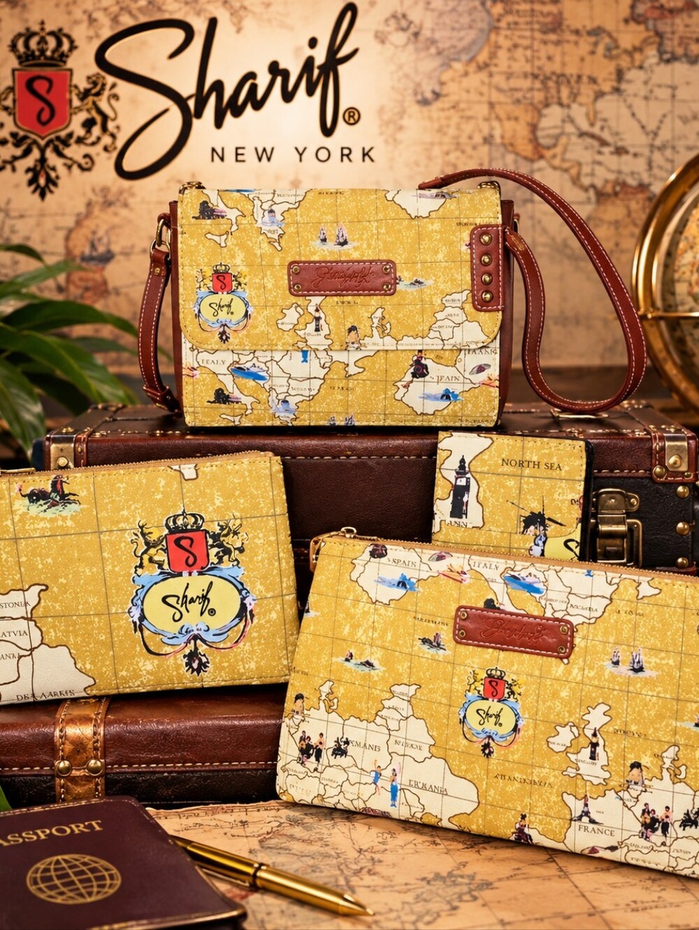 4 Piece Map-Print Crossbody & Pouch Set in Mustard Yellow By Sharif NWOT